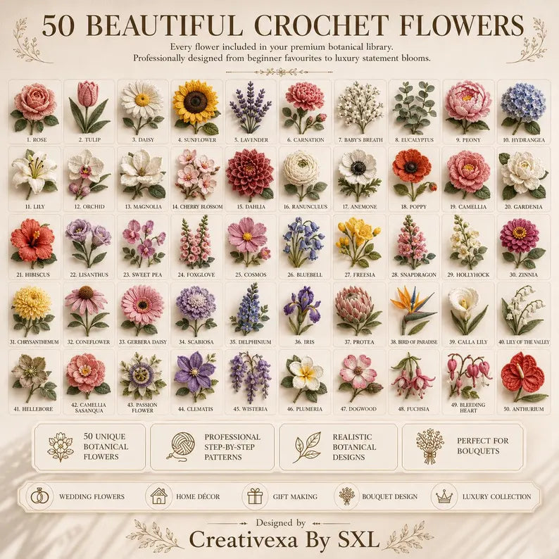 50 FLOWERS CROCHET BUNDLE Guide Digital Download PDF